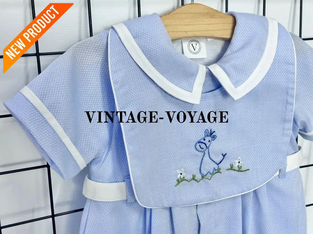 PRE ORDER‼️NEW🤩BAMBINO BLUE HAND EMBROIDERED🧵🪡BABY BOYS ROMPER & BIB🦒 Baby & Toddler Outfits