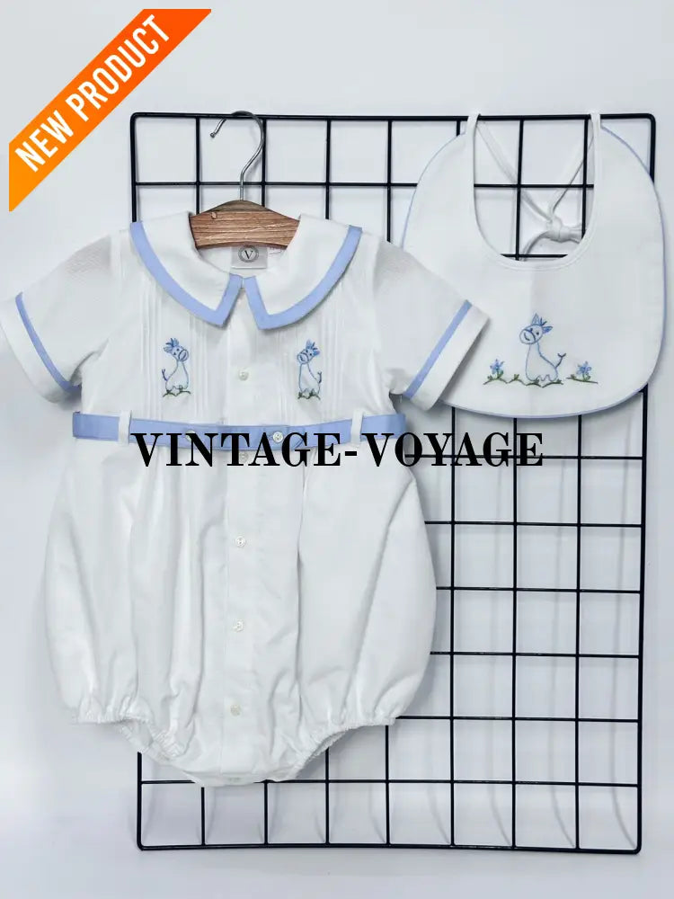 PRE ORDER‼️NEW🤩BAMBINO WHITE HAND EMBROIDERED🧵🪡BABY BOYS ROMPER & BIB🦒 NB 1M Baby & Toddler Outfits