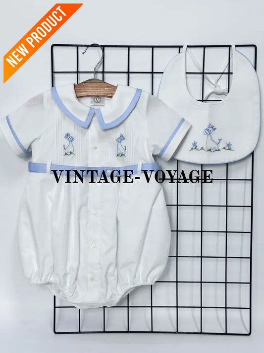 PRE ORDER‼️NEW🤩BAMBINO WHITE HAND EMBROIDERED🧵🪡BABY BOYS ROMPER & BIB🦒 NB 1M Baby & Toddler Outfits