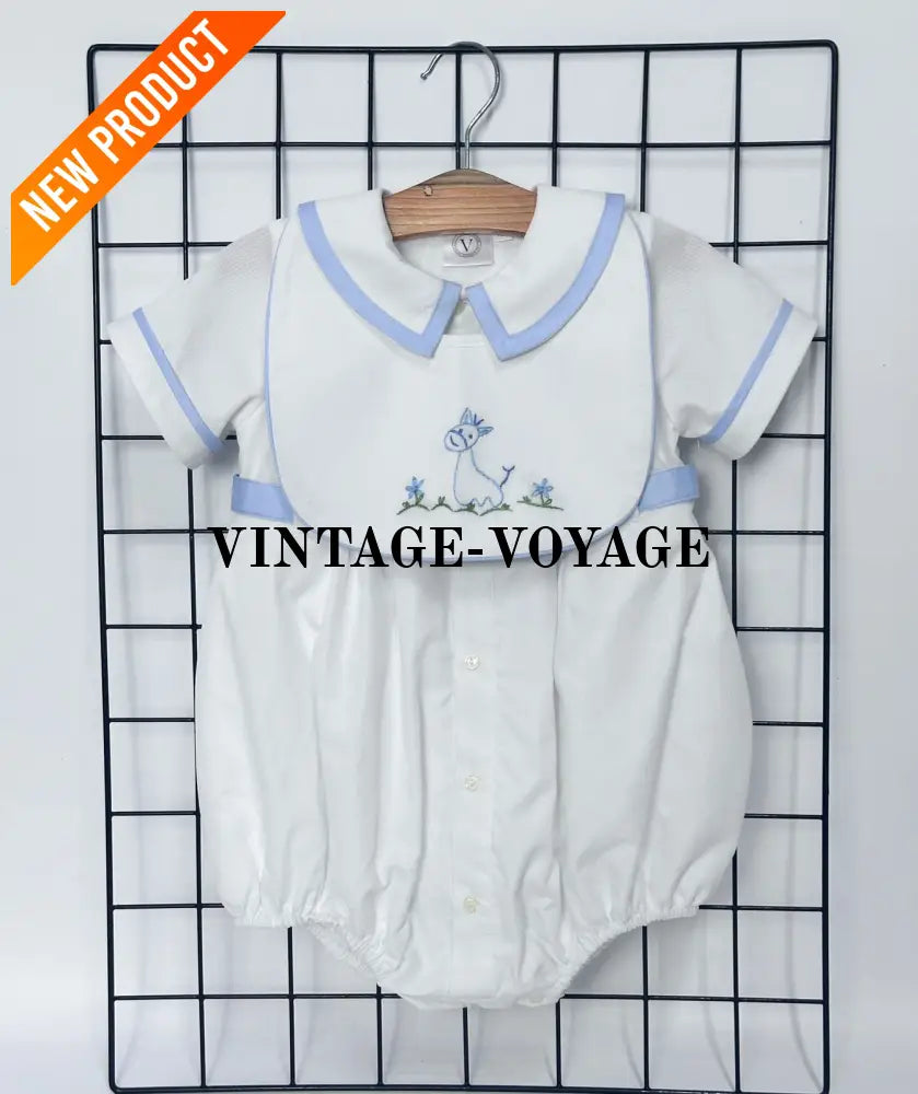 PRE ORDER‼️NEW🤩BAMBINO WHITE HAND EMBROIDERED🧵🪡BABY BOYS ROMPER & BIB🦒 Baby & Toddler Outfits