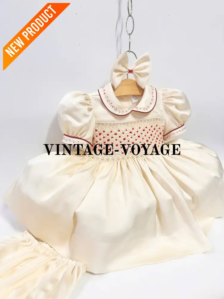 PRE-ORDER!NEW! BELGRAVIA BISCUIT SILK/SATIN HAND-SMOCKED DRESS KNICKERS & BOWS Baby & Toddler Dresses