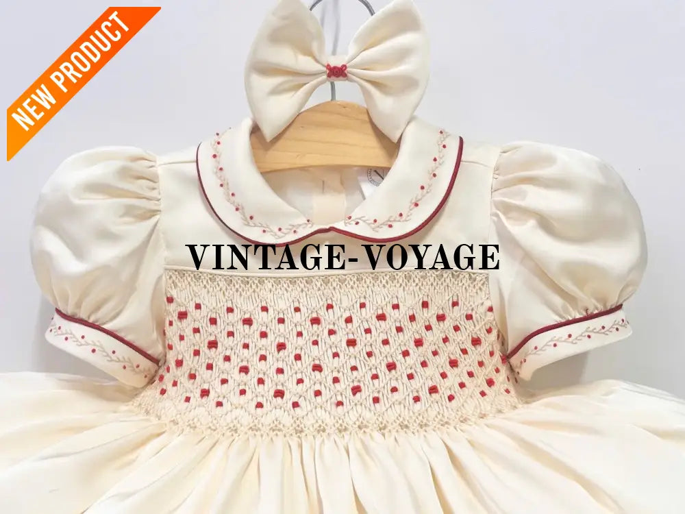 PRE-ORDER!NEW! BELGRAVIA BISCUIT SILK/SATIN HAND-SMOCKED DRESS KNICKERS & BOWS Baby & Toddler Dresses