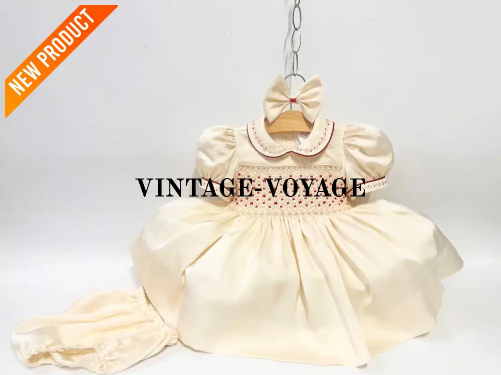 PRE-ORDER!NEW! BELGRAVIA BISCUIT SILK/SATIN HAND-SMOCKED DRESS KNICKERS & BOWS Baby & Toddler Dresses