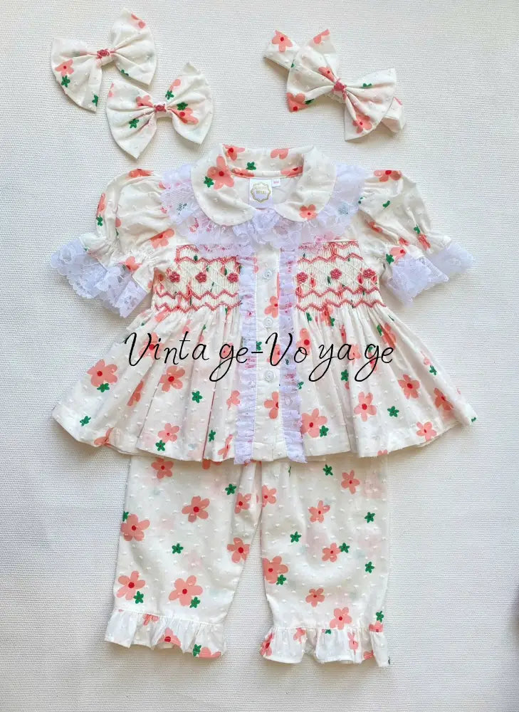PRE-ORDER NOW & GET NEXT WEEK!NEW!BETSY SWISS DOT CORAL FLORAL💐HAND-SMOCKED PYJAMA,GOWN & HAIR BOWS🎀 pyjama set