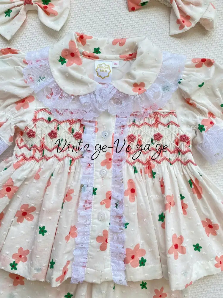 PRE-ORDER NOW & GET NEXT WEEK!NEW!BETSY SWISS DOT CORAL FLORAL💐HAND-SMOCKED PYJAMA,GOWN & HAIR BOWS🎀 pyjama set