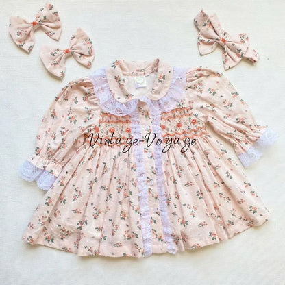 PRE-ORDER NOW & GET NEXT WEEK!NEW!BETSY SWISS DOT PEACH FLORAL💐HAND-SMOCKED PYJAMA,GOWN & HAIR BOWS🎀 pyjama set