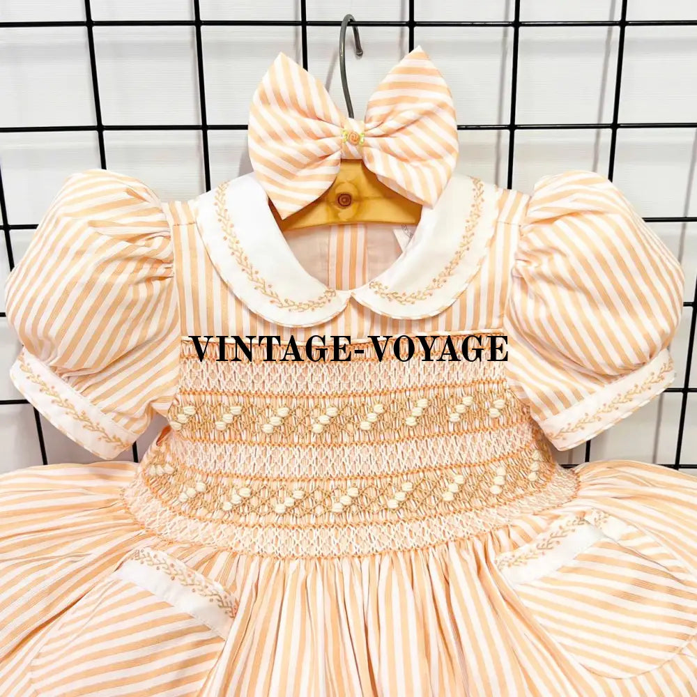 PRE-ORDER! NEW CARAMEL STRIPES DELILAH HAND-SMOCKED DRESS PANTIES (6M-24M) & BOWS Baby & Toddler Dresses
