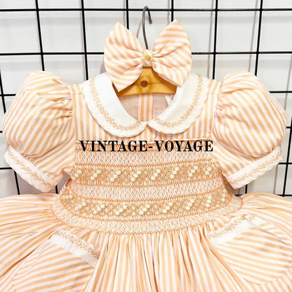 PRE-ORDER! NEW CARAMEL STRIPES DELILAH HAND-SMOCKED DRESS PANTIES (6M-24M) & BOWS Baby & Toddler Dresses