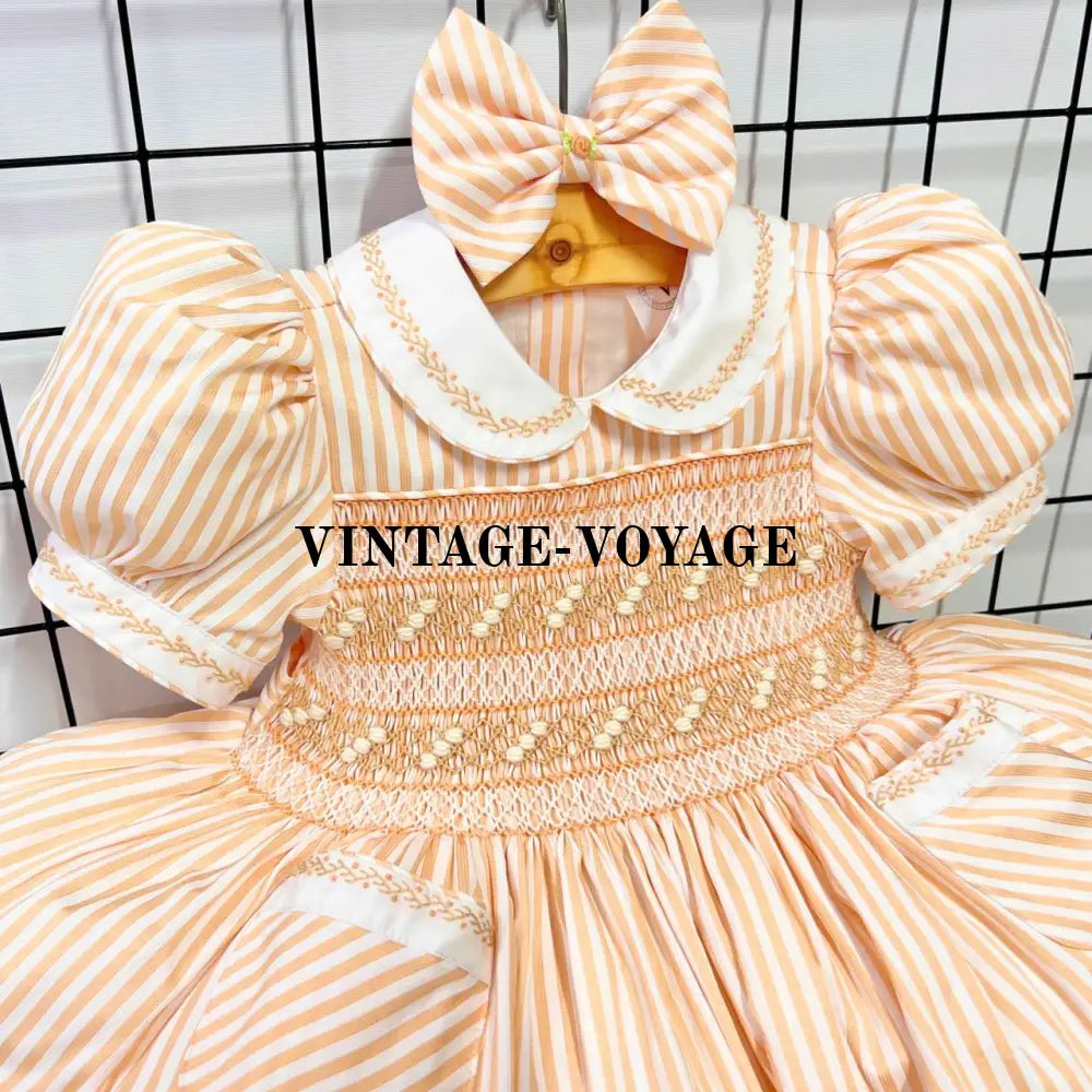 PRE-ORDER! NEW CARAMEL STRIPES DELILAH HAND-SMOCKED DRESS PANTIES (6M-24M) & BOWS Baby & Toddler Dresses