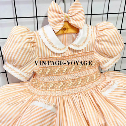 PRE-ORDER! NEW CARAMEL STRIPES DELILAH HAND-SMOCKED DRESS PANTIES (6M-24M) & BOWS Baby & Toddler Dresses