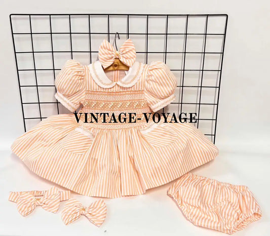 PRE-ORDER! NEW CARAMEL STRIPES DELILAH HAND-SMOCKED DRESS PANTIES (6M-24M) & BOWS 6M Baby & Toddler Dresses
