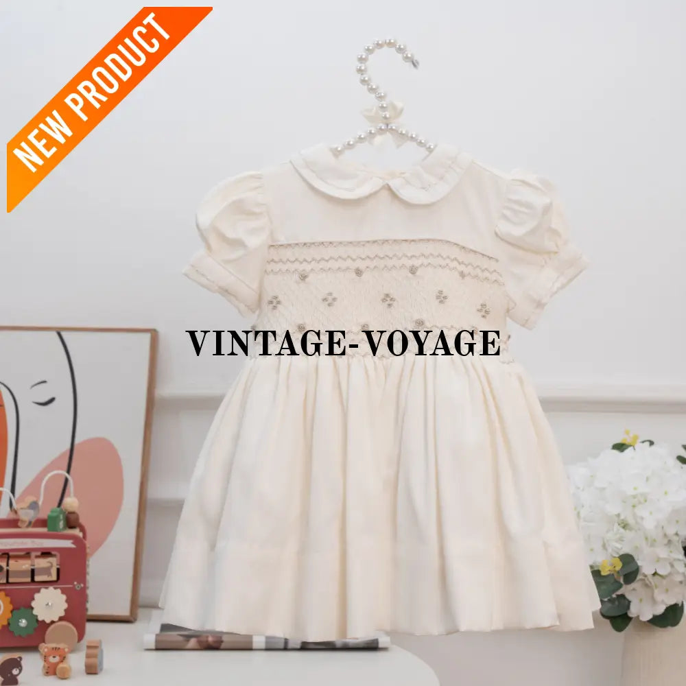 PRE ORDER‼️NEW DAISY CREAM SILK/SATIN🍦SILVER GLITTERING FRONT & BACK🧵🪡👑HAND SMOCKED DRESS PANTIES & HAIR ACCESSORIES🎀