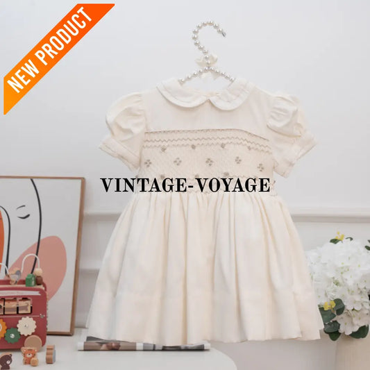 PRE ORDER‼️NEW DAISY CREAM SILK/SATIN🍦SILVER GLITTERING FRONT & BACK🧵🪡👑HAND SMOCKED DRESS PANTIES & HAIR ACCESSORIES🎀