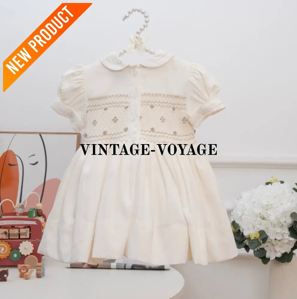 PRE ORDER‼️NEW DAISY CREAM SILK/SATIN🍦SILVER GLITTERING FRONT & BACK🧵🪡👑HAND SMOCKED DRESS PANTIES & HAIR ACCESSORIES🎀