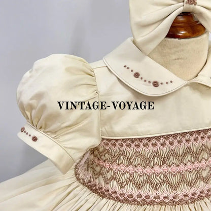 PRE-ORDER NEW ELIZABETH CREAM🧚HAND-SMOCKED🧵🪡FRONT & BACK DRESS & HAIR BOWS🎀🎀 Baby & Toddler Dresses