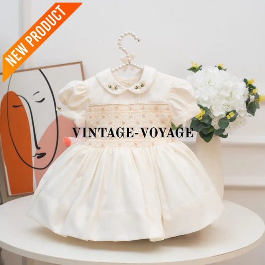 PRE ORDER‼️NEW ELOISE CREAM SILK/SATIN🩶FRONT & BACK🧵🪡👑HAND SMOCKED DRESS PANTIES & HAIR ACCESSORIES🎀 3 months Baby &