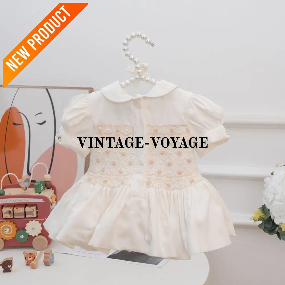 PRE ORDER‼️NEW ELOISE CREAM SILK/SATIN🩶FRONT & BACK🧵🪡👑HAND SMOCKED DRESS PANTIES & HAIR ACCESSORIES🎀 Baby & Toddler