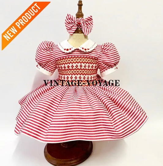 PRE ORDER! NEW GLORIA RED STRIPED HAND SMOCKED DRESS & HAIR ACCESSORIES Baby & Toddler Dresses