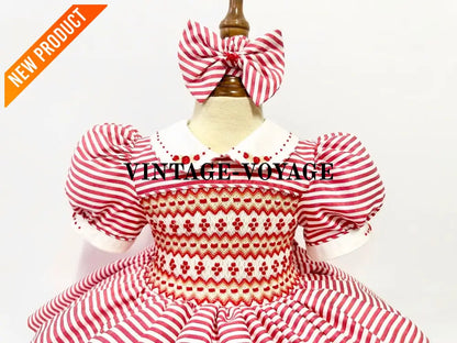 PRE ORDER! NEW GLORIA RED STRIPED HAND SMOCKED DRESS & HAIR ACCESSORIES Baby & Toddler Dresses