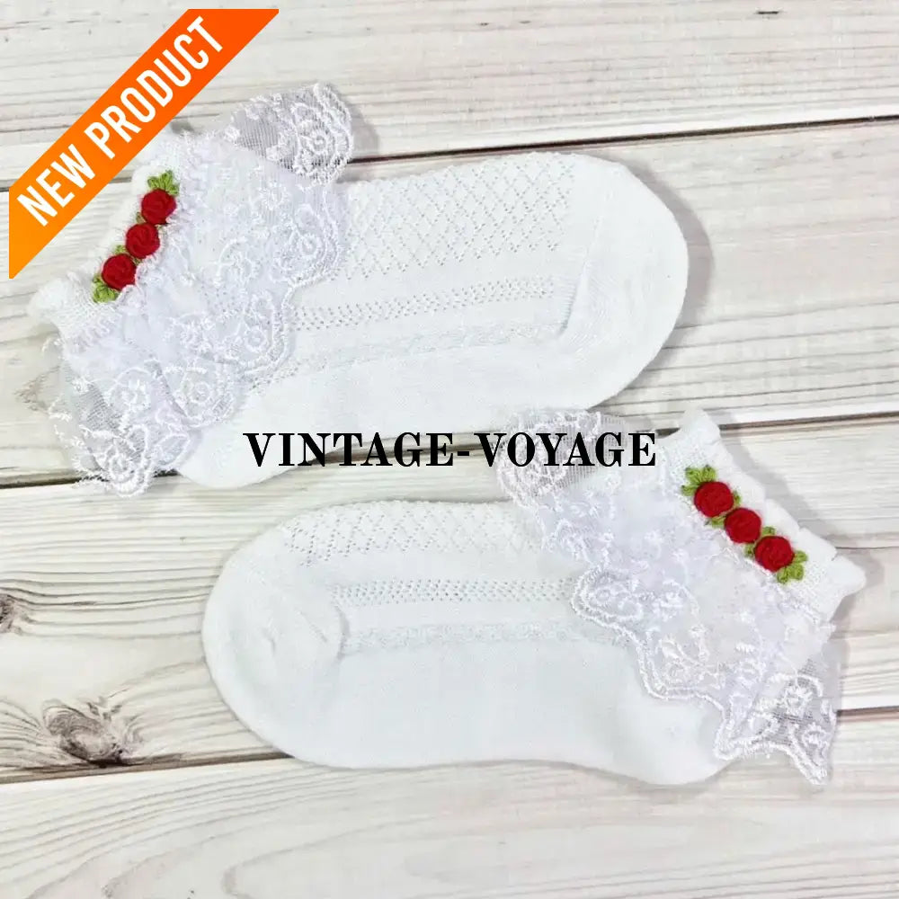 NEW❤️Baby Girls Hand Embroidered White & Red Lace Cotton Socks Baby & Toddler Socks