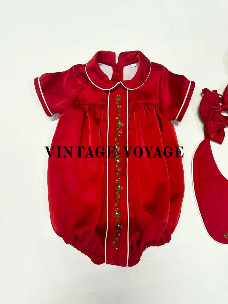PRE-ORDER!NEW HOLLY RED SILK/SATIN BABY BOYS ROMPER & BIB SET N/B-1M Baby & Toddler Outfits
