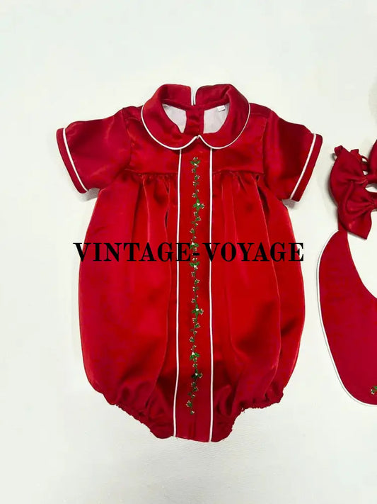 PRE-ORDER!NEW HOLLY RED SILK/SATIN BABY BOYS ROMPER & BIB SET N/B-1M Baby & Toddler Outfits