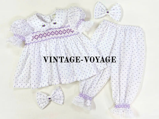 PRE-ORDER NEW MIA Lilac Swiss Dots Hand-Smocked 🧵🪡Pyjamas & Hair Accessories🎀🎀 3M pyjama set