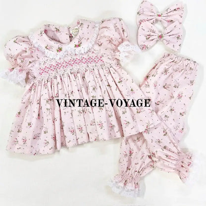 PRE-ORDER🤩NEW💖MIA Pink Floral🌷Swiss Dots Hand-Smocked 🧵🪡Pyjamas & Hair Accessories🎀🎀 3M pyjama set