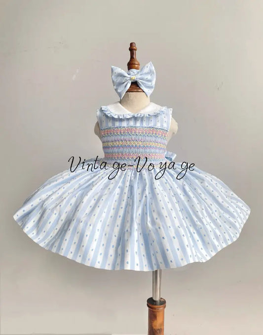 PRE-ORDER‼️NEW☀️NATASHA BLUE STRIPES SWISS DOT SLEEVELESS HAND SMOCKED🧵🪡 DRESS & BOWS🎀 - Baby & Toddler Dresses