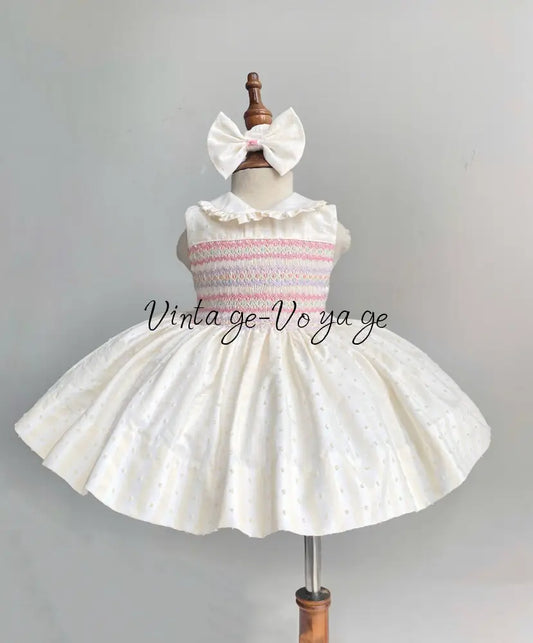 PRE-ORDER‼️NEW☀️NATASHA PALE LEMON STRIPES SWISS DOT SLEEVELESS HAND SMOCKED🧵🪡 DRESS & BOWS🎀 - 6M - Baby & Toddler