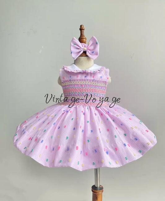 PRE-ORDER‼️NEW☀️NATASHA💞PINK SWISS DOT SLEEVELESS HAND SMOCKED🧵🪡 DRESS & BOWS🎀 - Baby & Toddler Dresses
