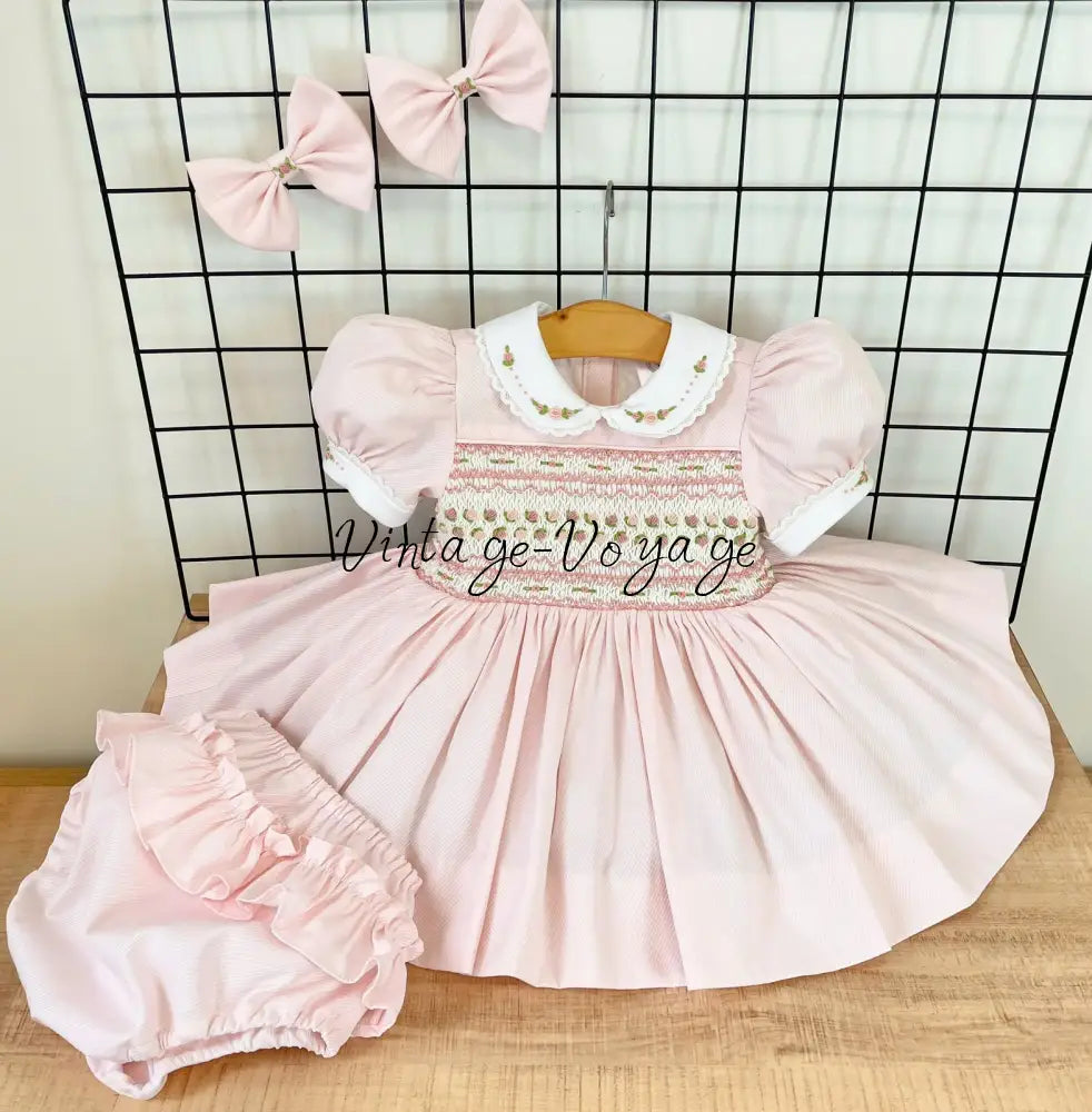PRE-ORDER🤩NEW! PALOMA BABY PINK FRONT & BACK HAND-SMOCKED🧵🪡DRESS,PANTIES & BOWS🎀 6M Baby & Toddler Dresses