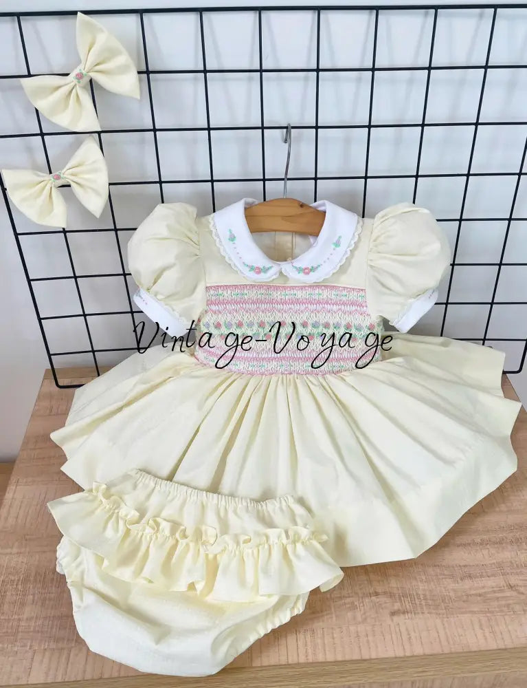 PRE-ORDER🤩NEW🥰PALOMA CREAM FRONT & BACK HAND-SMOCKED🧵🪡DRESS,PANTIES & BOWS🎀 6M Baby & Toddler Dresses