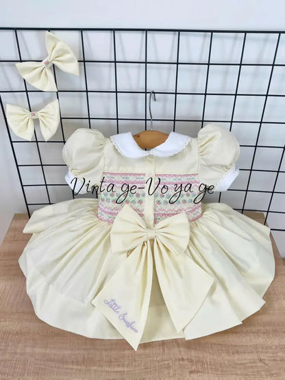 PRE-ORDER🤩NEW🥰PALOMA CREAM FRONT & BACK HAND-SMOCKED🧵🪡DRESS,PANTIES & BOWS🎀 Baby & Toddler Dresses