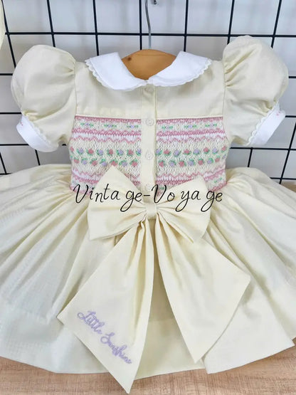 PRE-ORDER🤩NEW🥰PALOMA CREAM FRONT & BACK HAND-SMOCKED🧵🪡DRESS,PANTIES & BOWS🎀 Baby & Toddler Dresses