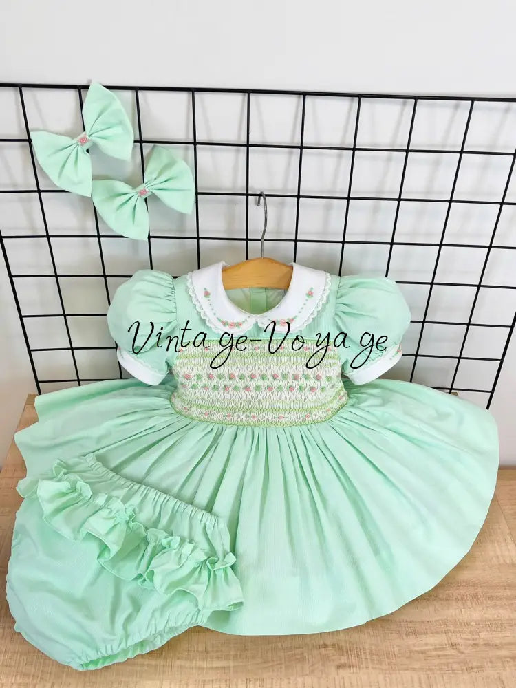 PRE-ORDER🤩NEW! PALOMA MINT FRONT & BACK HAND-SMOCKED🧵🪡DRESS,PANTIES & BOWS🎀 6M Baby & Toddler Dresses