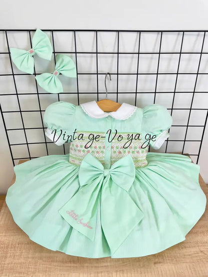PRE-ORDER🤩NEW! PALOMA MINT FRONT & BACK HAND-SMOCKED🧵🪡DRESS,PANTIES & BOWS🎀 Baby & Toddler Dresses