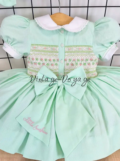 PRE-ORDER🤩NEW! PALOMA MINT FRONT & BACK HAND-SMOCKED🧵🪡DRESS,PANTIES & BOWS🎀 Baby & Toddler Dresses
