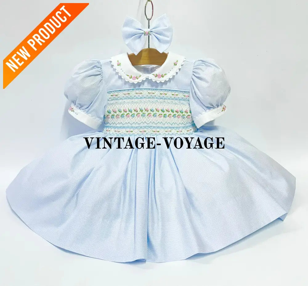 PRE ORDER! NEW! PALOMA PASTEL BLUE FRONT & BACK HAND SMOCKED DRESS & BOWS Baby & Toddler Dresses