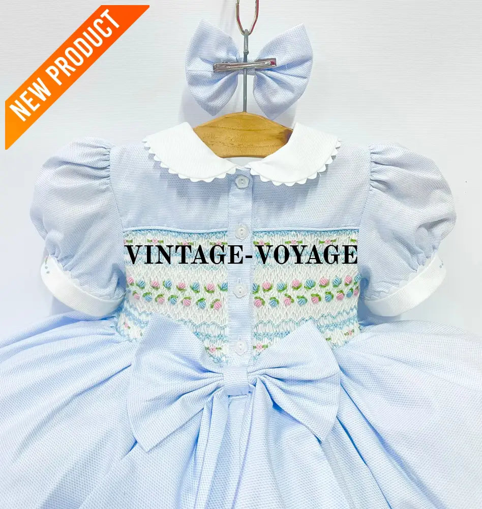 PRE ORDER! NEW! PALOMA PASTEL BLUE FRONT & BACK HAND SMOCKED DRESS & BOWS Baby & Toddler Dresses