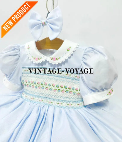 PRE ORDER! NEW! PALOMA PASTEL BLUE FRONT & BACK HAND SMOCKED DRESS & BOWS Baby & Toddler Dresses