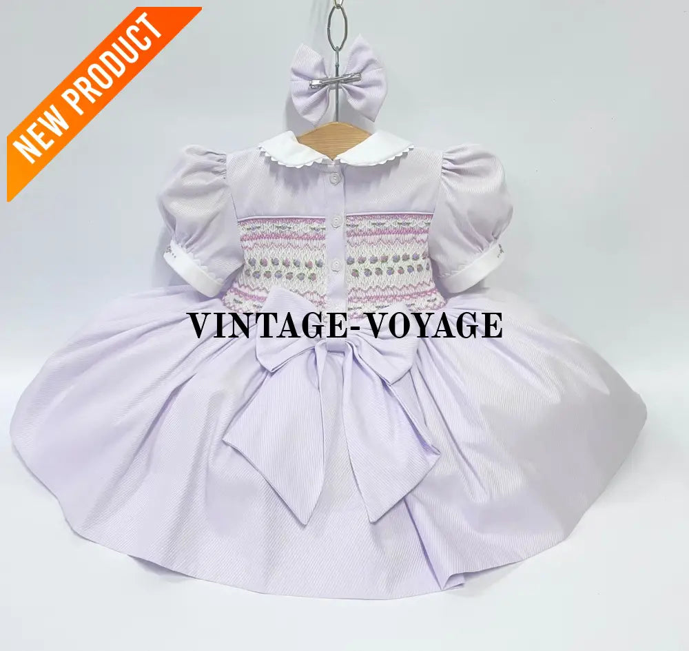 PRE ORDER! NEW! PALOMA PASTEL LILAC FRONT & BACK HAND SMOCKED DRESS & BOWS Baby & Toddler Dresses