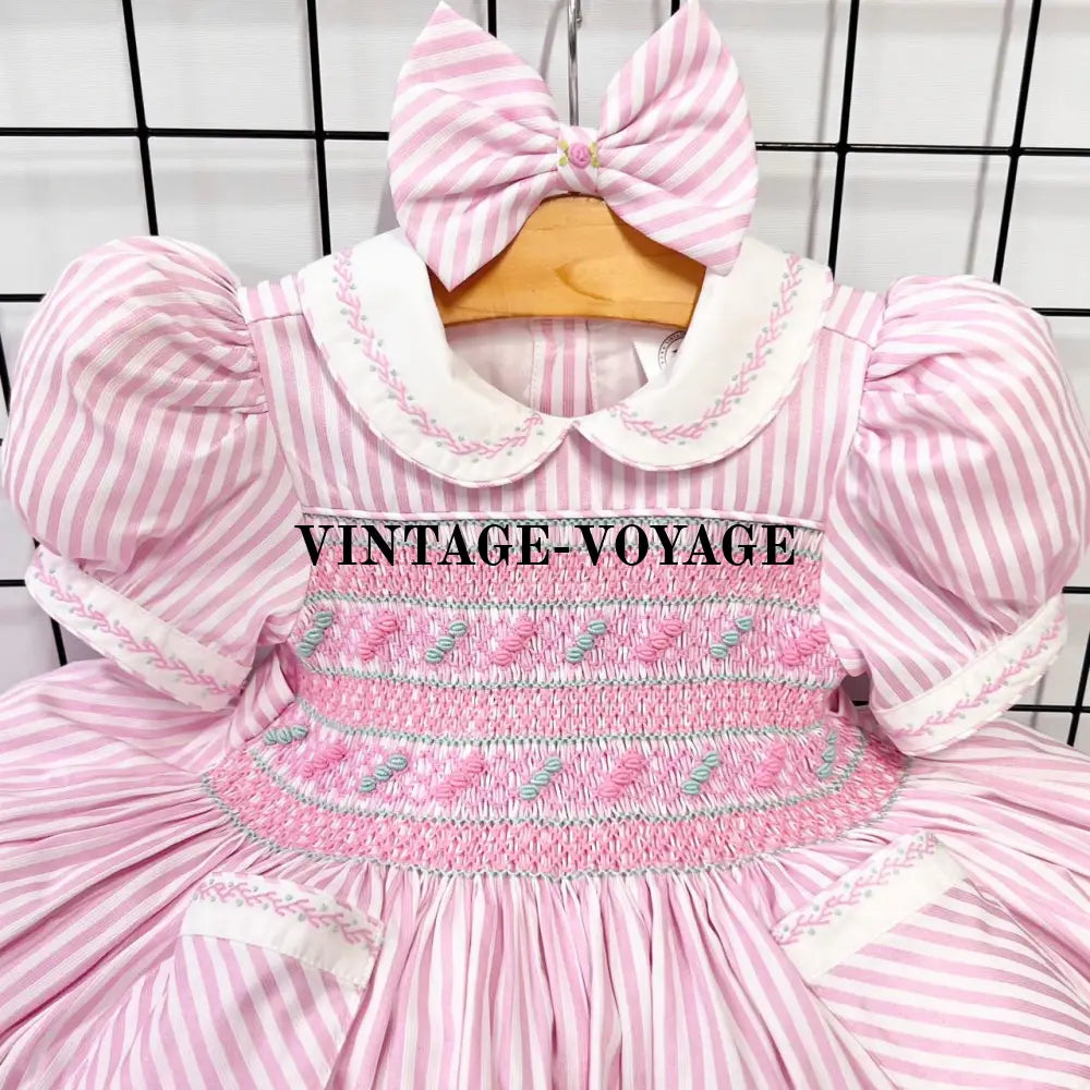 PRE-ORDER! NEW PINK STRIPES DELILAH HAND-SMOCKED DRESS PANTIES (6M-24M) & BOWS Baby & Toddler Dresses