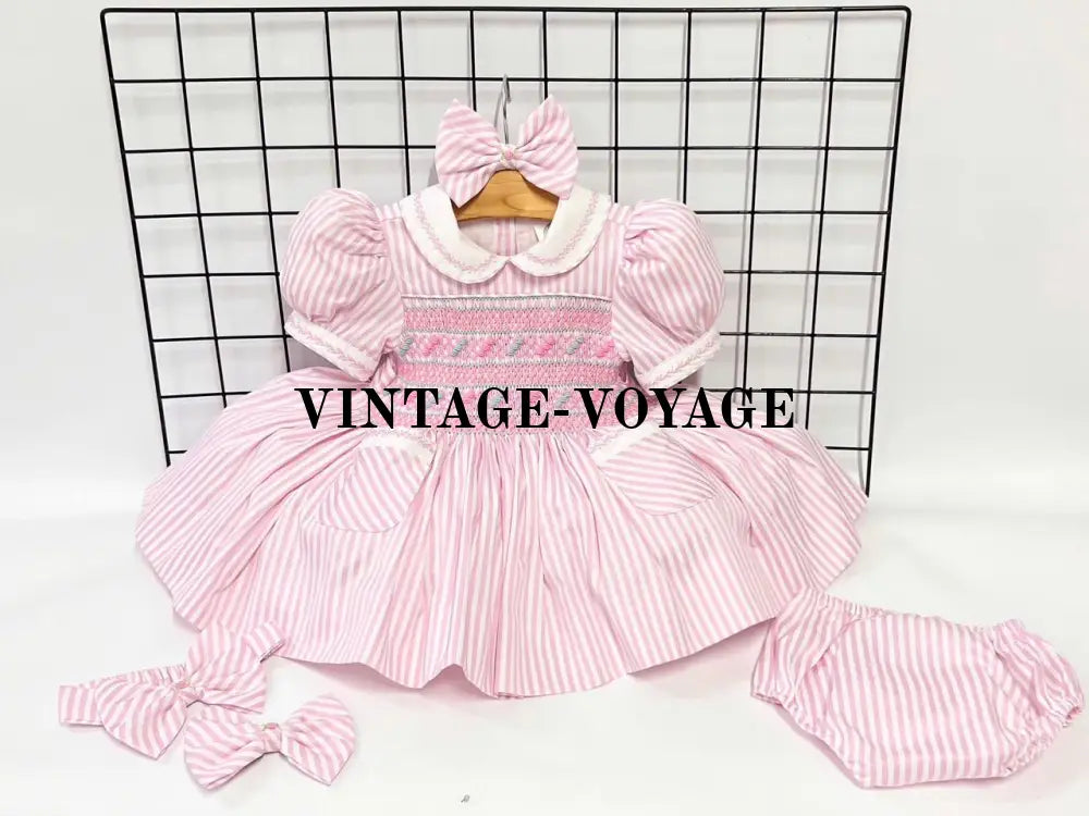 PRE-ORDER! NEW PINK STRIPES DELILAH HAND-SMOCKED DRESS PANTIES (6M-24M) & BOWS 6M Baby & Toddler Dresses