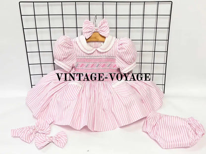 PRE-ORDER! NEW PINK STRIPES DELILAH HAND-SMOCKED DRESS PANTIES (6M-24M) & BOWS 6M Baby & Toddler Dresses