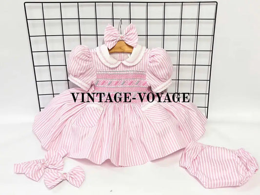 PRE-ORDER! NEW PINK STRIPES DELILAH HAND-SMOCKED DRESS PANTIES (6M-24M) & BOWS 6M Baby & Toddler Dresses