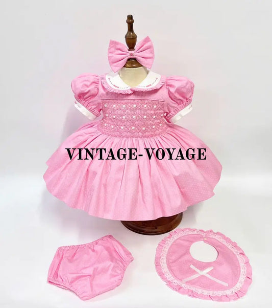 PRE-ORDER!NEW ROSIE PINK COTTON HAND-SMOCKED DRESS,PANTIES,BONNET,BIB & HAIR BOWS 1M Baby & Toddler Dresses