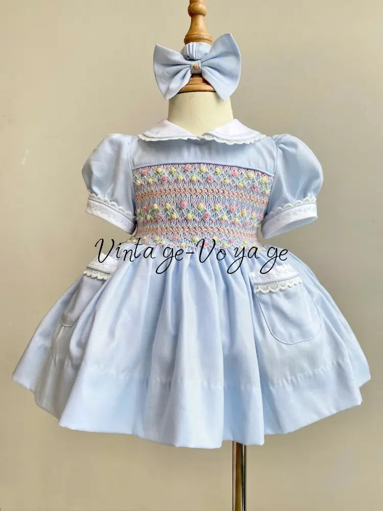 PRE-ORDER! NEW SEASON🍁ISABELLA BABY BLUE🌸 HAND-SMOCKED🧵🪡👑DRESS & ACCESSORIES🎀 - 6M - Baby & Toddler Dresses
