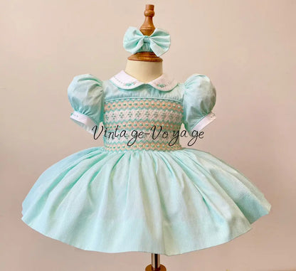 PRE-ORDER!NEW!TAMMY MINT 👗 STRIPES HAND-SMOCKED🧵🪡DRESS & HAIR ACCESSORIES🎀 12M Baby & Toddler Dresses