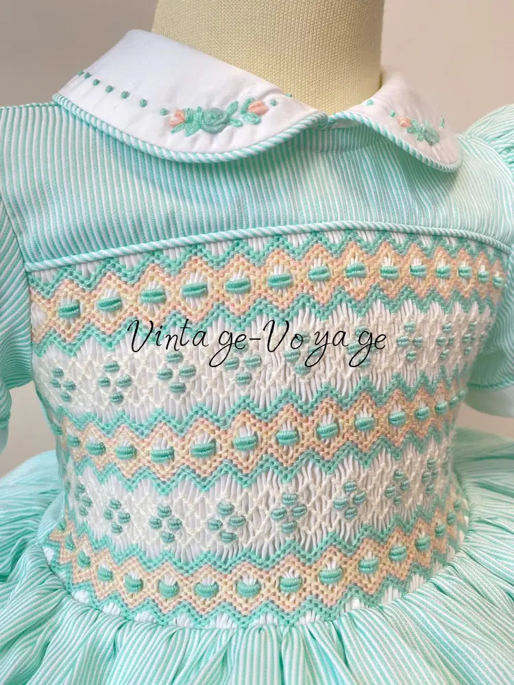 PRE-ORDER!NEW!TAMMY MINT 👗 STRIPES HAND-SMOCKED🧵🪡DRESS & HAIR ACCESSORIES🎀 6M Baby & Toddler Dresses